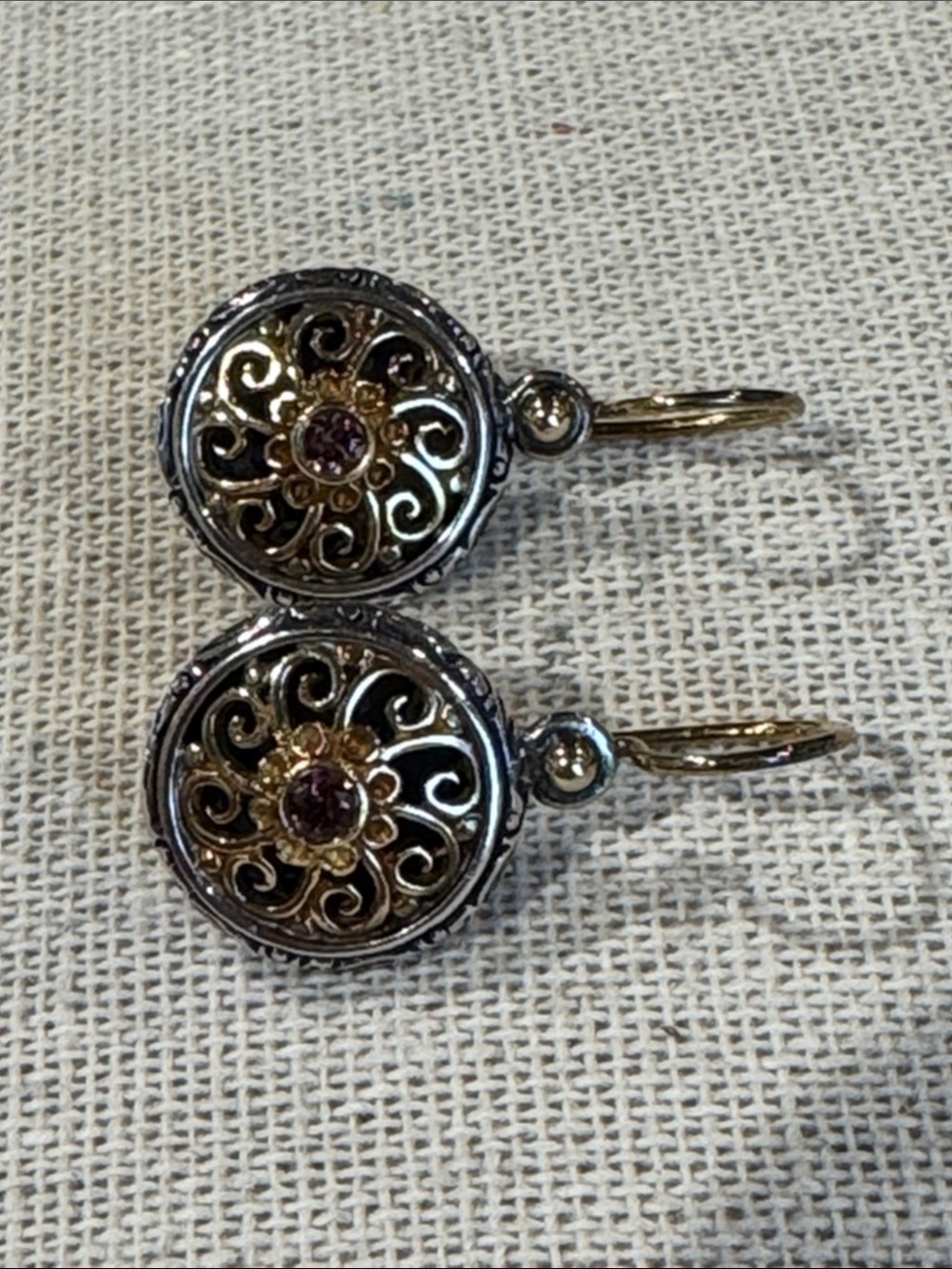 Konstantinos Sterling Silver & gold Filigree Drop Earrings with pink tourmaline - Picture 3 of 3